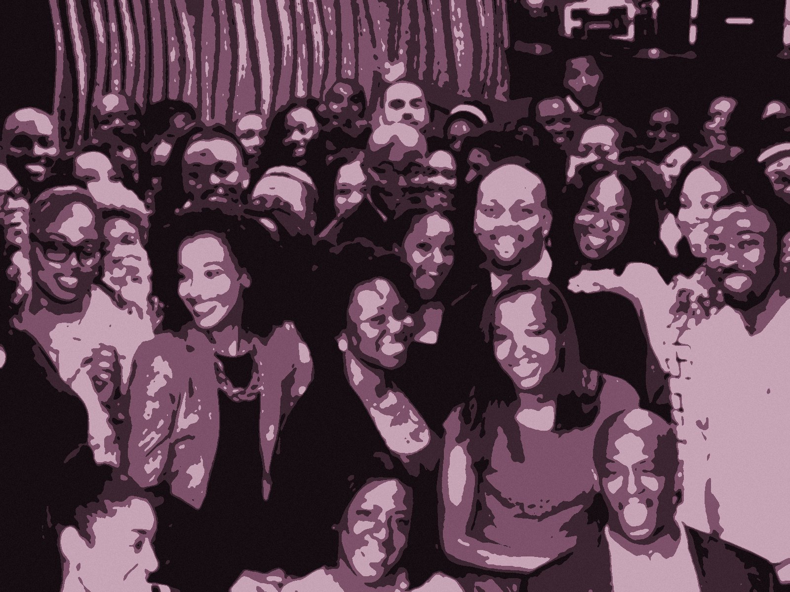 A screenprinted table of people at a Family Dinner gathering