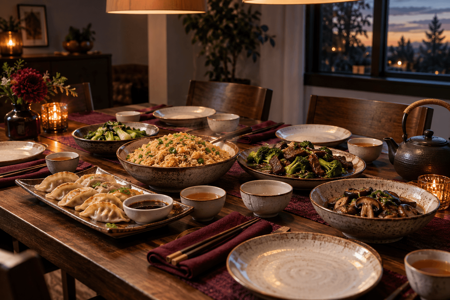 Friends gathering around a complete family-style dinner